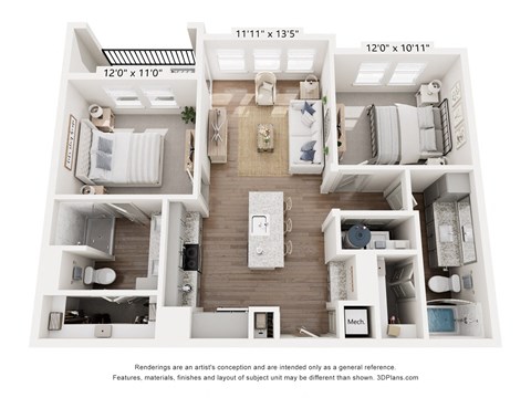 A floor plan of a two-bedroom apartment with a living room, kitchen, and bathroom.